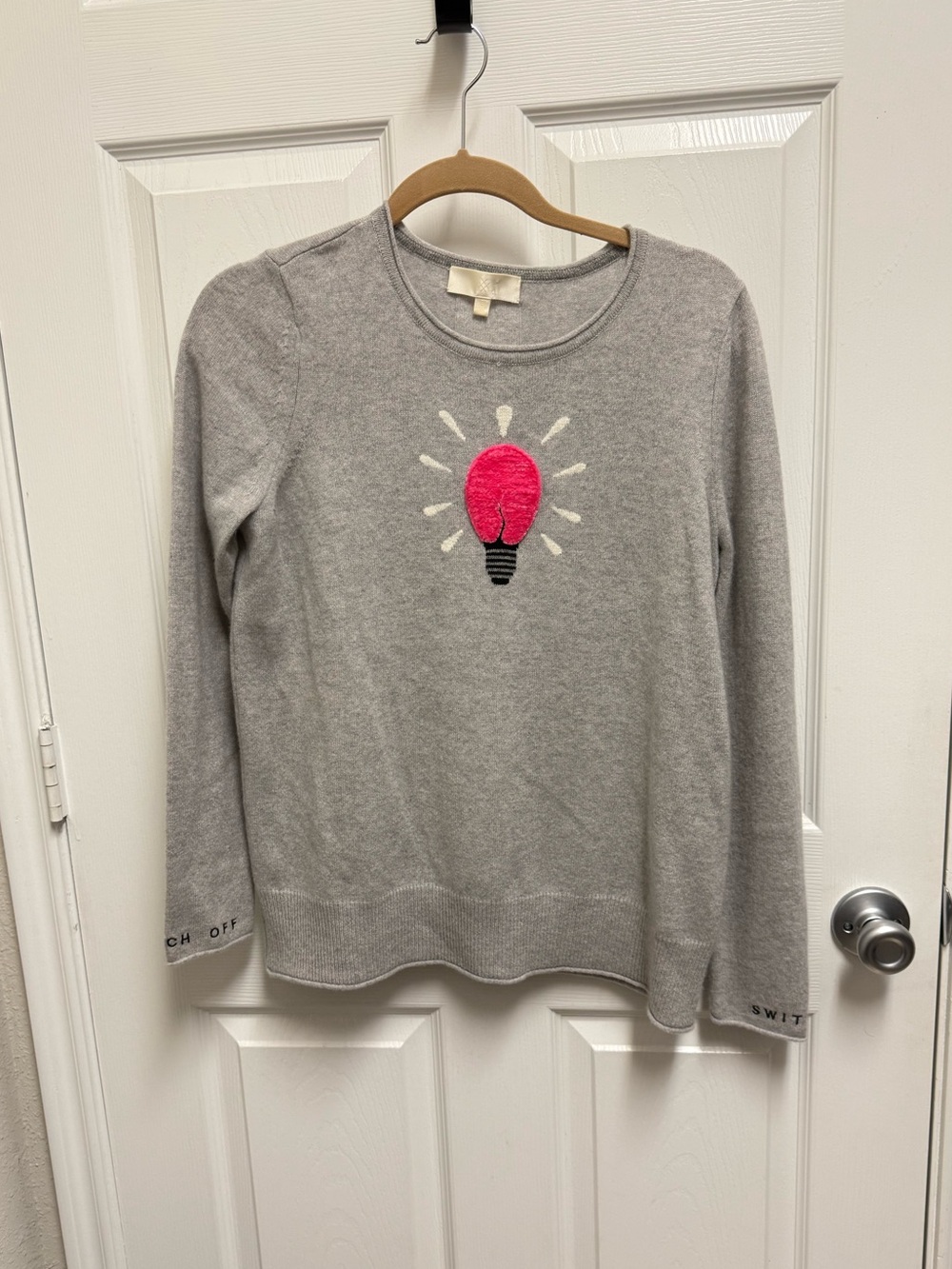 Lord & Taylor Gray Cashmere Sweater with Pink Lightbulb Graphic